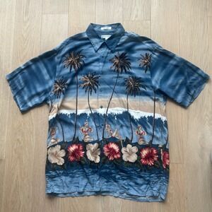 Pierre Cardin Hawaiian Shirt Sz L Blue Pinup Hula Girl Hibiscus Vintage Tropical